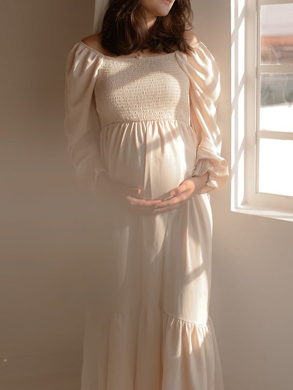 Momyknows Ruffle High Waist Falbala Long Sleeve Plus Size Baby Shower Maternity Midi Dress, Apricot / L