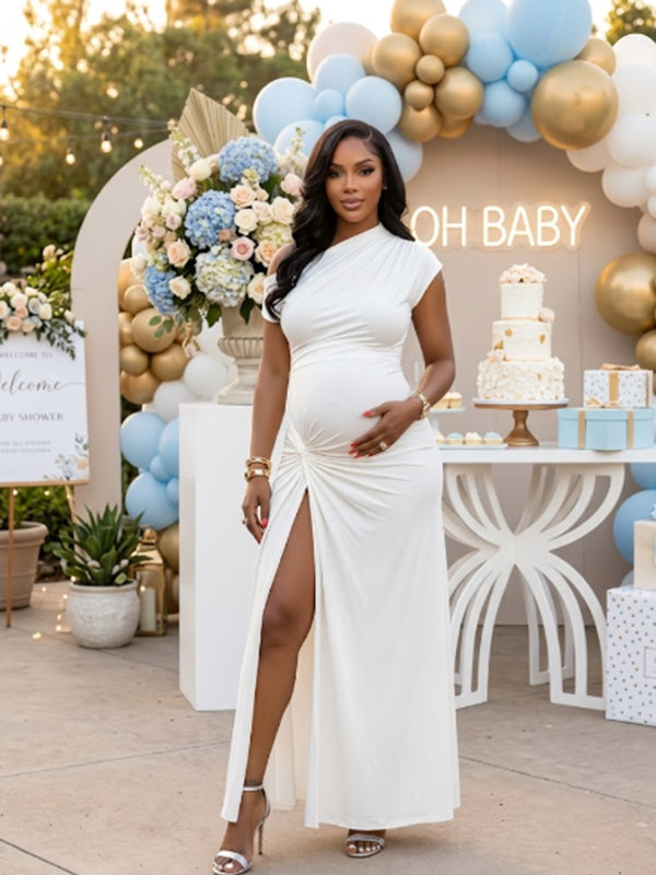 Momyknows Elegant White Side Slit Knot Oblique Shoulder Baby Shower Maternity Maxi Dress