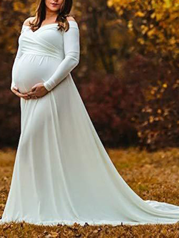 Momyknows Off Shoulder Long Sleeve Babyshower Big Swing Elegant Maternity Photoshoot Maxi Dress