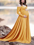 Momyknows Off Shoulder Long Sleeve Babyshower Big Swing Elegant Maternity Photoshoot Maxi Dress