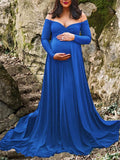 Momyknows Off Shoulder Long Sleeve Babyshower Big Swing Elegant Maternity Photoshoot Maxi Dress
