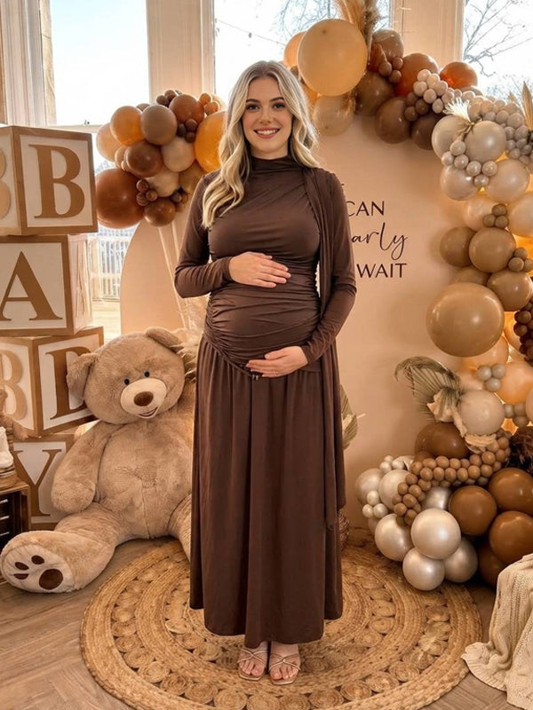 Momyknows Brown Long Sleeve Ruffle Round Neck Zipper Babyshower Maternity Maxi Dress