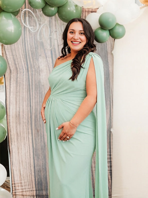 Momyknows Green Oblique Shoulder Ruched Ribbon Maternity Baby Shower Maxi Dress
