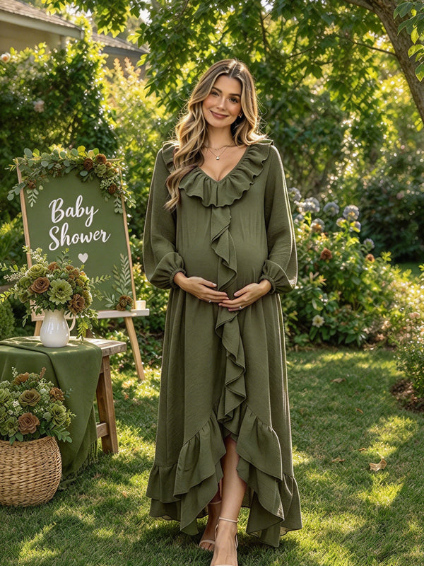Army Green Bohemian Baby Shower Maternity Maxi Dress with Ruffled V Neck and Elegant Maxi Silhouette