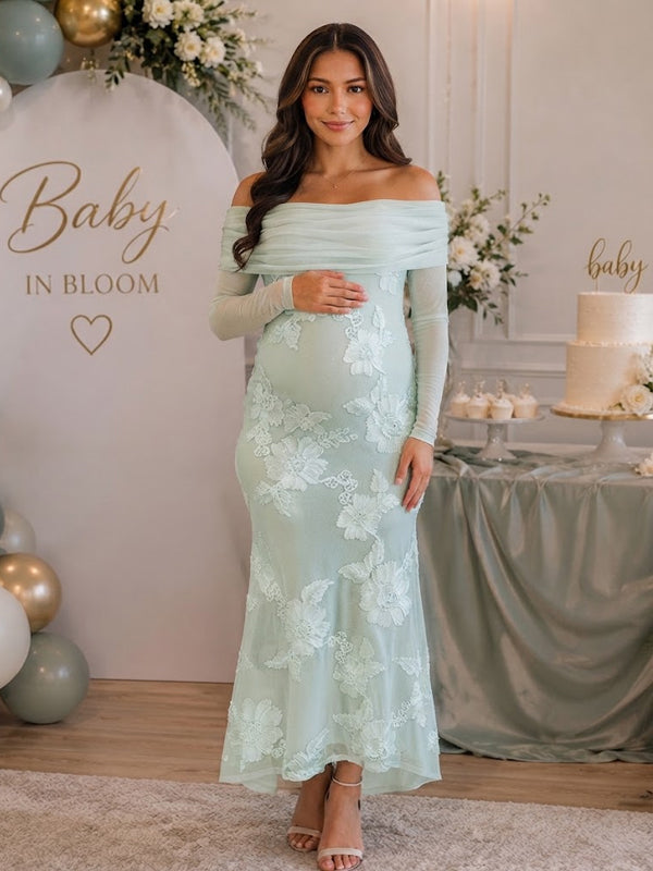 Green Embroidered Maternity Maxi Dress with Off Shoulder Neckline and Flattering Silhouette