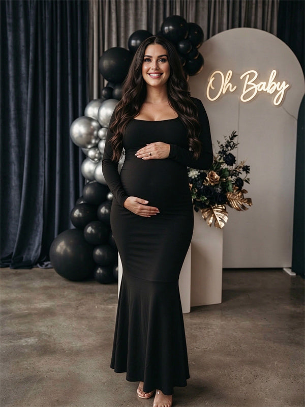Black High-Waisted Maternity Maxi Dress with Square Neck and Splicing Details and Flattering Fit, Baby Shower
