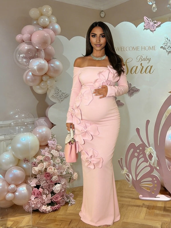 Momyknows Pink Off Shoulder 3D Flower Backless Maternity Baby Shower Maxi Dress Momyknows Pink Off Shoulder 3D Flower Backless Maternity Baby Shower Maxi Dress