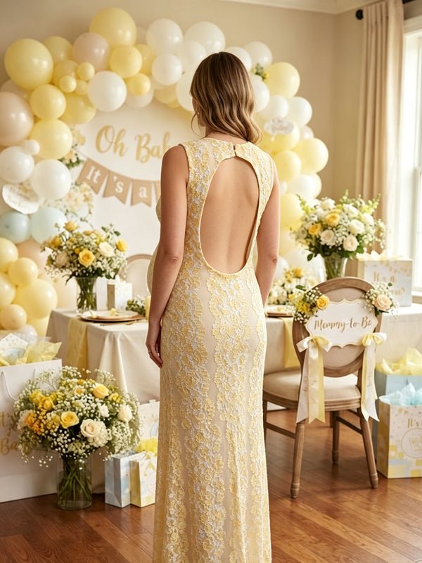 Momyknows Yellow V-neck Sleeveless Backless Lace Bodycon Maternity Baby Shower Maxi Dress - Yellow - 2
