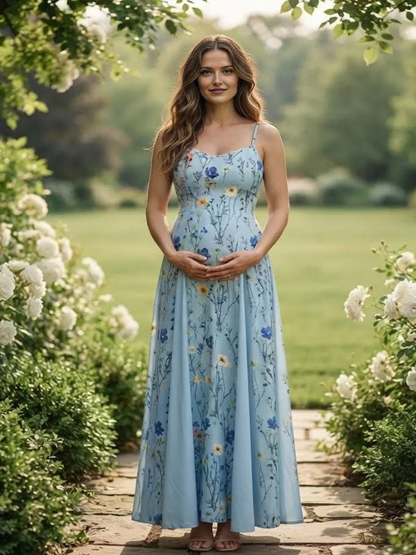 Momyknows Spaghetti Strap Print Spliced Big Swing Maternity Photoshoot Maxi Dress - Blue - 6