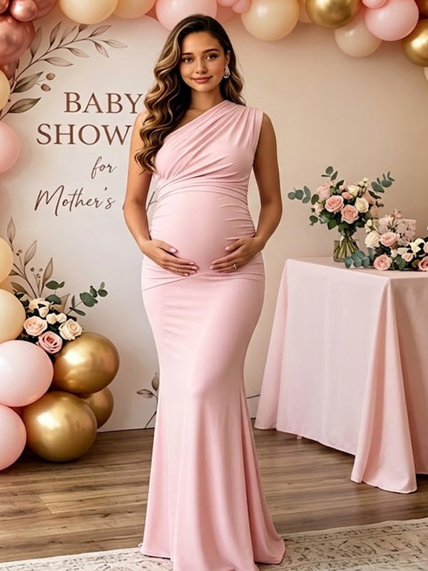 Momyknows Oblique Shoulder Ruched Bodycon Maternity Baby Shower Maxi Dress