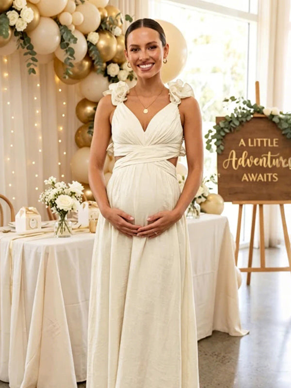 Momyknows 3D Flower Open Back Cross Back Ruffle Maternity Baby Shower Midi Dress