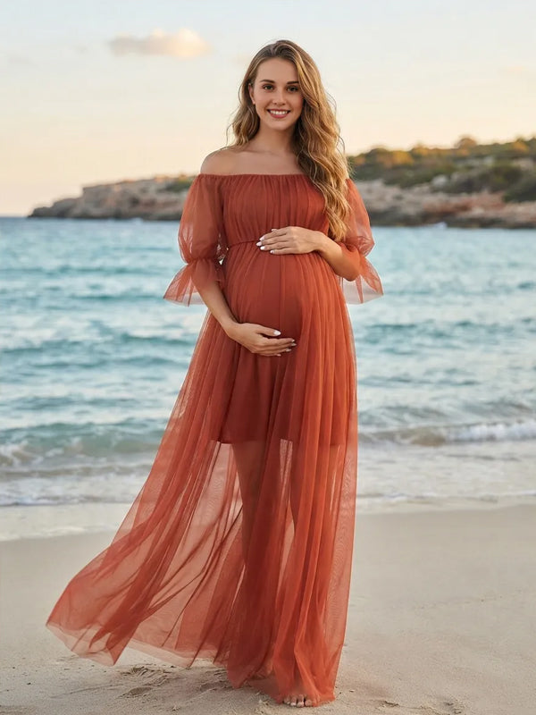 Red Off-the-Shoulder Maternity Dress with Double-Layered Grenadine Fabric and Flowy Silhouette, Beach Photoshoot