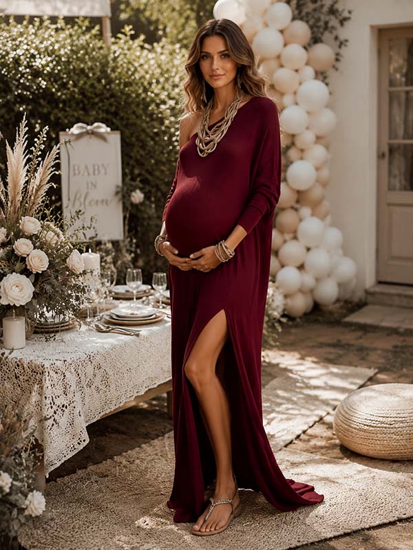Momyknows White One-shoulder Side Slit Irregular Ruffle Maternity Baby Shower Midi Dress - Wine Red - 2