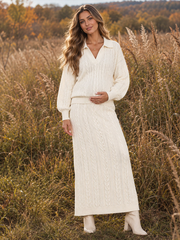 Apricot Crochet Sweater Maternity Maxi Dress with Turndown Collar and Classic Silhouette