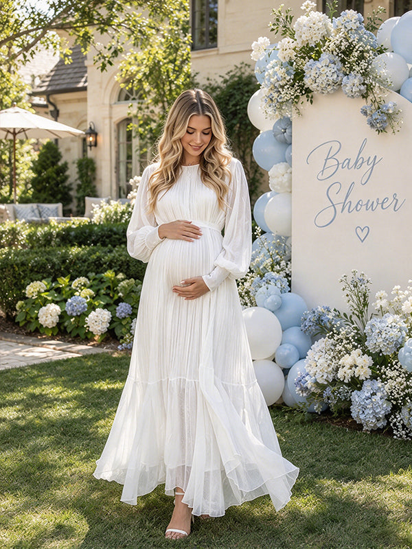 White Lace Up Maternity Maxi Dress with Ruched Details and Big Swing Fit