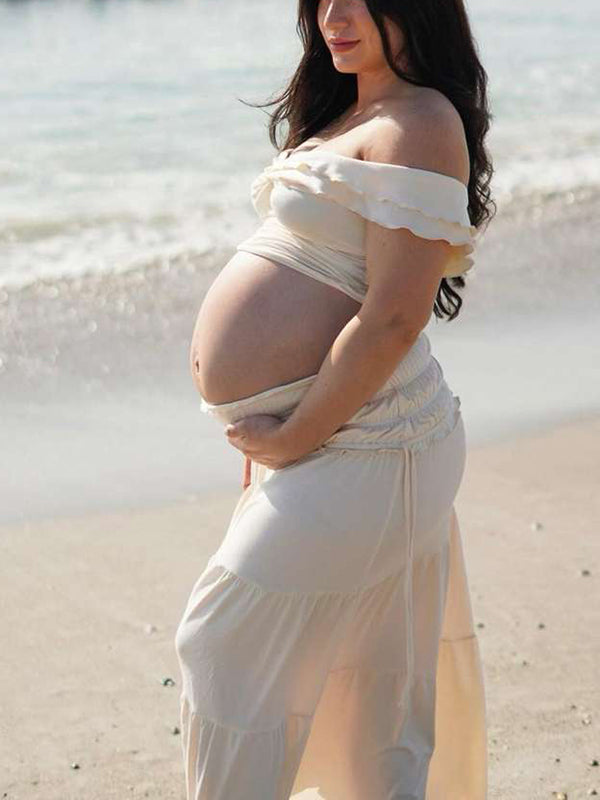 Momyknows Ivory White Two Piece Set Off Shoulder Ruffle Falbala Bodycon Elegant Maternity Boho Photoshoot Baby Shower Maxi Dress Top / M Momyknows Ivory White Two Piece Set Off Shoulder Ruffle Falbala Bodycon Elegant Maternity Boho Photoshoot Baby Shower Maxi Dress Top / M