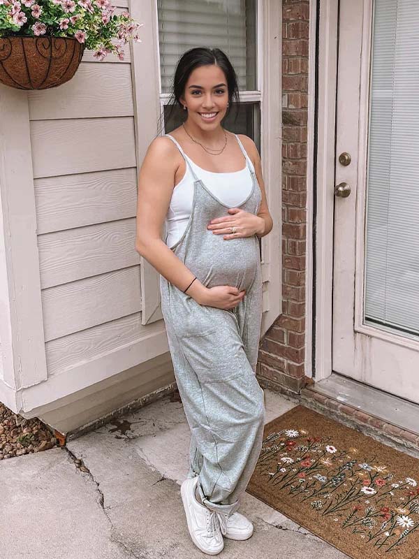 Momyknows Pockets Loose Solid Color V-neck Daily Casual Maternity Jumpsuit