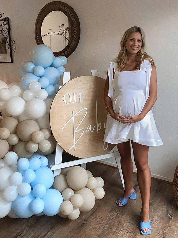 Momyknows White Tie Bow Sleeveless Smocked Backless A-line Flowy Gender Reveal Baby Shower Maternity Mini Dress