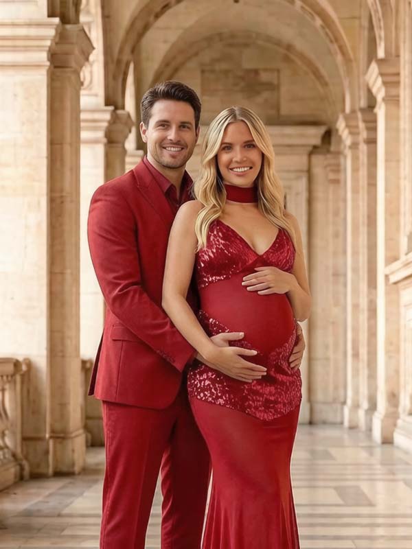 Momyknows Red Ruffle Lace-up Sheer Sequin Grenadine Backless Spaghetti Straps Deep V Neck Maternity Photoshoot Maxi Dress - Red - 3