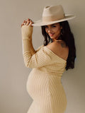 Momyknows Apricot Off Shoulder Boat Neck Elegant Long Sleeve Baby Shower Maternity Photoshoot Sweater Dress