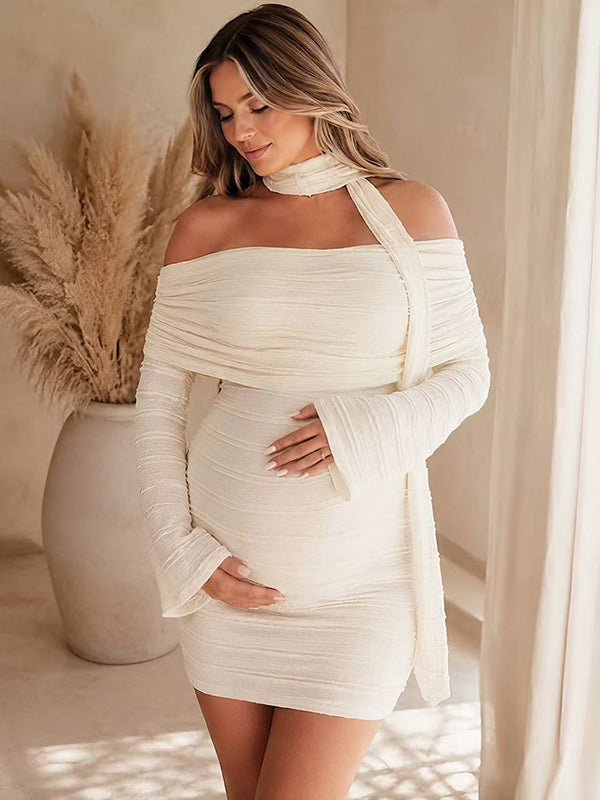 Momyknows Apricot Elegant Off Shoulder Ruffle Draped Hem
 Maternity Photoshoot Mini Dress
