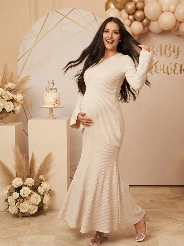 Momyknows Apricot Flare Sleeve Big Swing Mermaid Maternity Baby Shower Maxi Dress - Apricot - 2