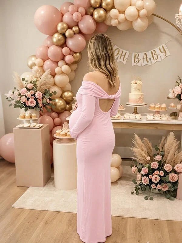 Momyknows Pink Long Sleeve Off Shoulder Backless Solid Color Maternity Baby Shower Maxi Dress - Pink - 3