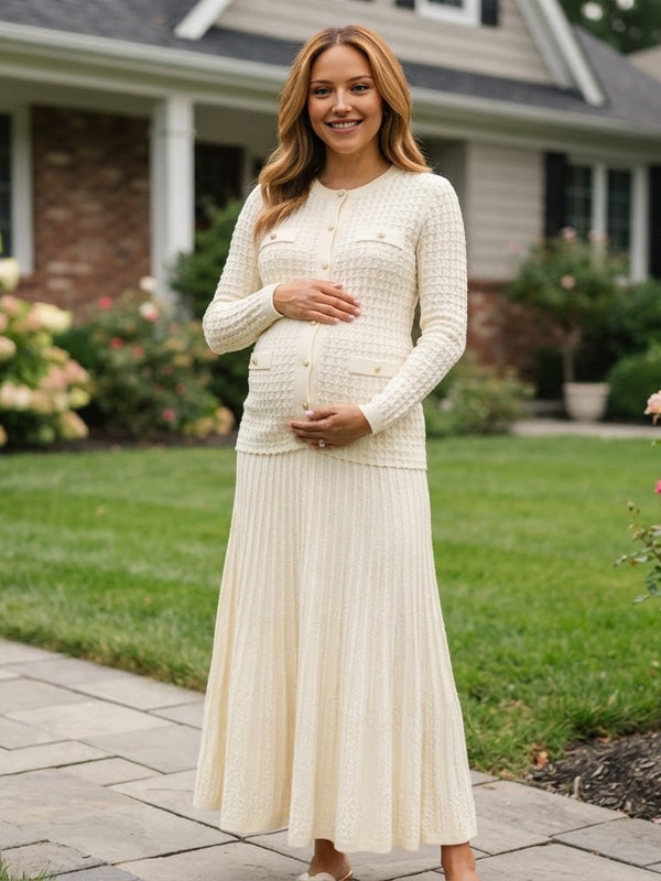Apricot Elegantd Crochet Maternity Maxi Dress with Button Closure and Graceful Fit, Photoshoot Occasion