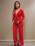 Momyknows Solid Color Sashes High Waist V-Neck Long Sleeve Baby Shower Plus Size Maternity Jumpsuit