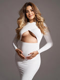 Momyknows White Cut Out Cross Chest Bodycon Elegant Baby Shower Photoshoot Maternity Maxi Dress