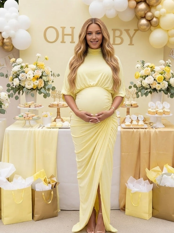 Yellow Ruched Maternity Maxi Dress with Front Slit and Flattering Silhouette