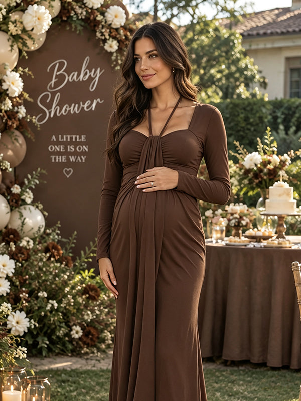 Tan Maternity Maxi Dress with Ribbon Detail and Halter Neck Design