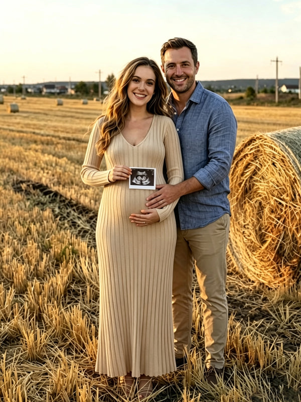 Khaki Stretchy Crochet Maternity Dress with V-Neck and Casual Fit, Grass Photoshoot
