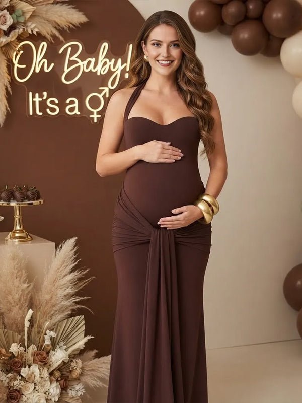 Momyknows Coffee Halter Neck Lace Up Ruched Knot Maternity Baby Shower Maxi Dress - Coffee - 2