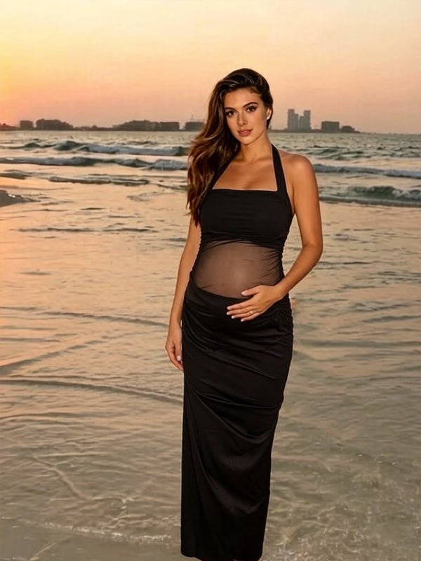 Momyknows Halter Neck Grenadine Backless Photoshoot Maternity Maxi Dress - Black - 2