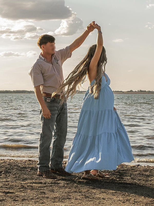 Momyknows Boho Blue Backless Tie Back Bowknot Halter Neck Flowy Photoshoot Western Maternity Maxi Dress - Blue - 5