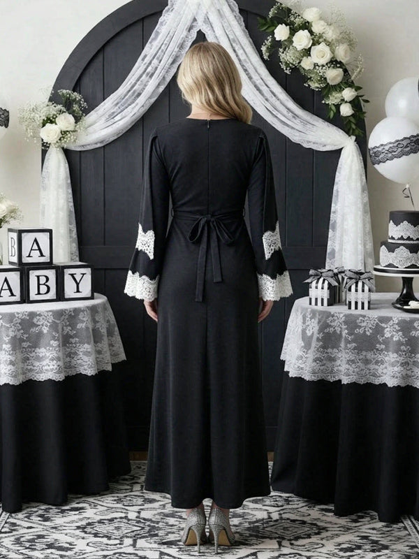 Black Maternity Dress with Lace Splicing and Flare Sleeve Design