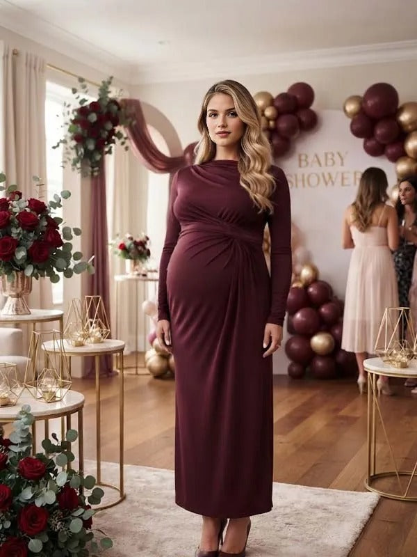 Momyknows Wine Red Ruffle Mock Neck Bodycon Maternity Baby Shower Maxi Dress