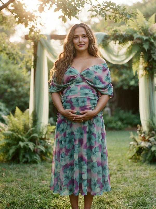 Momyknows Print Off Shoulder Big Swing Grenadine Maternity Photoshoot Maxi Dress - Green - 1