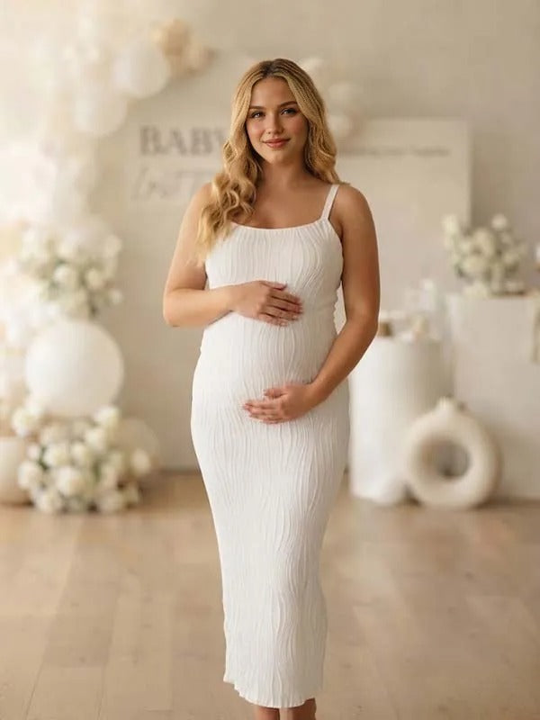 Momyknows White Ruffle 3D Textured Lines Slit Spaghetti Strap Maternity Baby Shower Maxi Dress