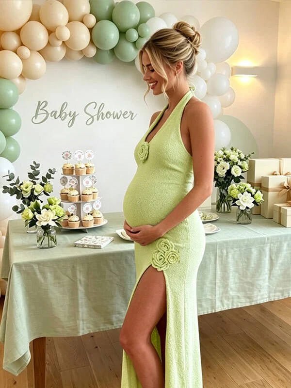 Momyknows Halter Neck Backless 3D Flower Side Slit Maternity Baby Shower Maxi Dress - Green - 2