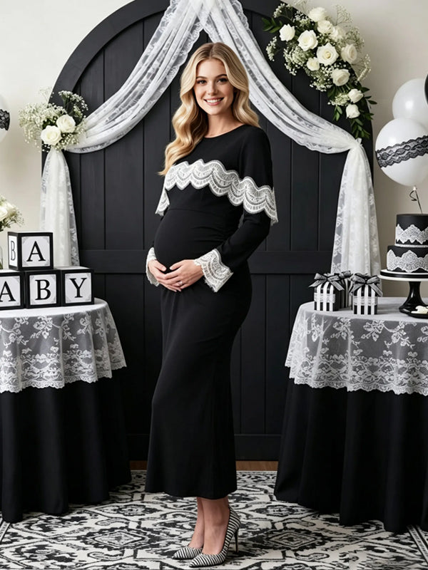 Black Lace Splicing Maternity Dress with Flare Sleeves and Flattering Fit
