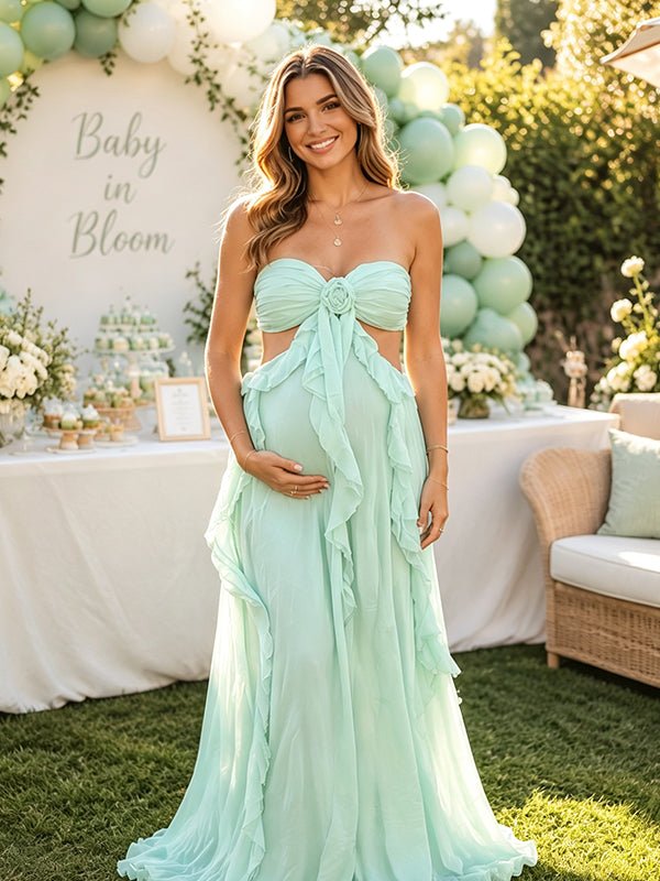 Momyknows Green Open Back Ruched Lace-Up Off Shoulder High Waist Irregular Maternity Baby Shower Maxi Dress - Green - 1