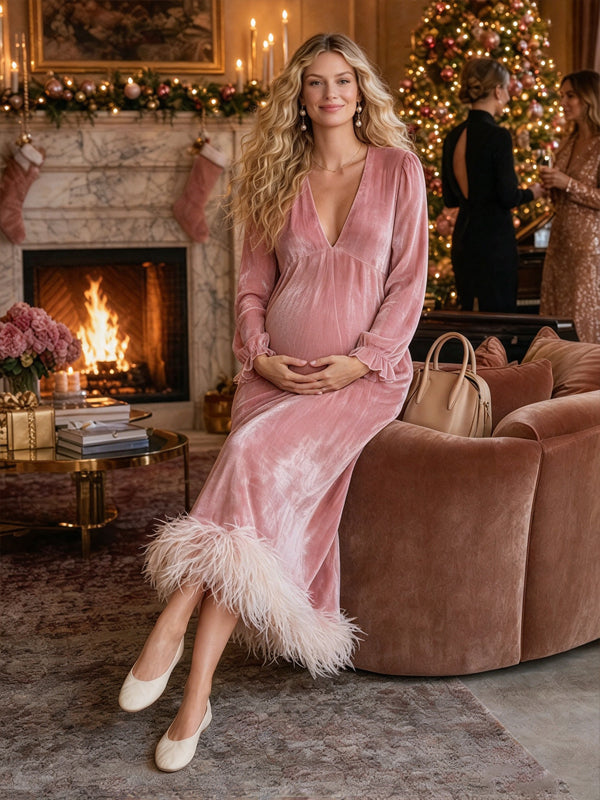 Pink Velvet Maternity Maxi Dress with Deep V Neckline and Fluffy Details