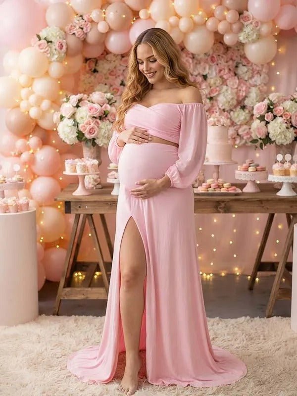 Momyknows Pink Side Slit Strapless Puff Sleeve Midriff Two Piece Maternity Baby Shower Maxi Dress - Pink - 2
