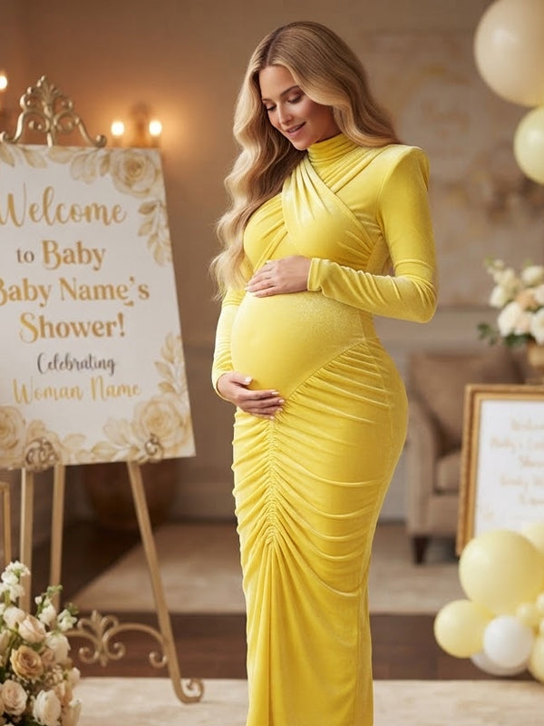 Yellow Ruched Maternity Maxi Dress with Cross Chest Detail and Backless Bodycon Silhouette