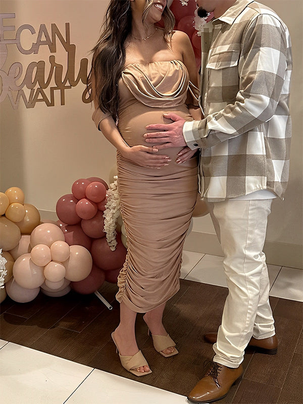 Momyknows Khaki Ruched Off Shoulder Belly Friendly Baby Shower Club Party Tube Bodycon Maternity Midi Dress Momyknows Khaki Ruched Off Shoulder Belly Friendly Baby Shower Club Party Tube Bodycon Maternity Midi Dress