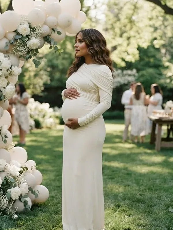 Momyknows Apricot Ruched Irregular Cape Maternity Baby Shower Maxi Dress - Apricot - 3
