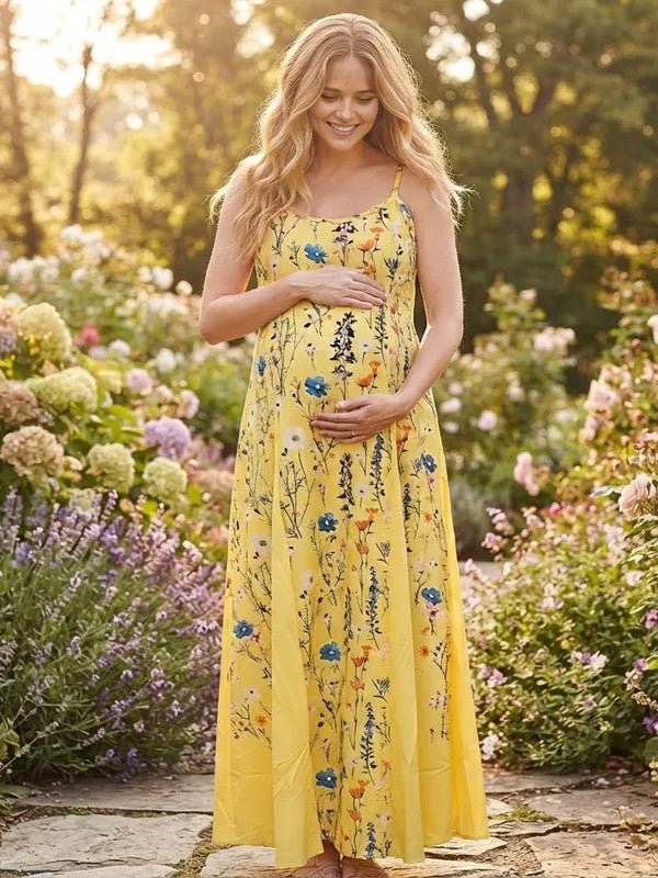 Momyknows Spaghetti Strap Print Spliced Big Swing Maternity Photoshoot Maxi Dress - Yellow - 2