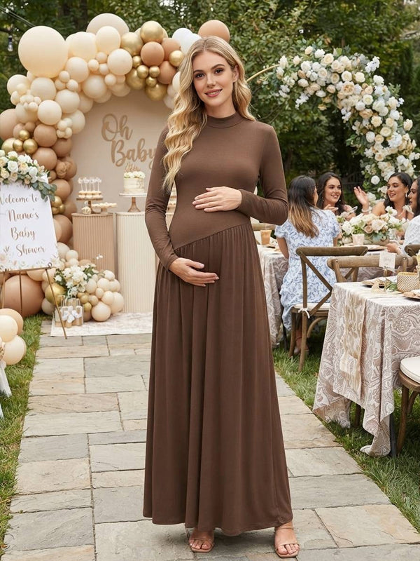 Brown High-Waisted Pleated A-Line Maternity Dress with Bodycon Fit, Baby Shower